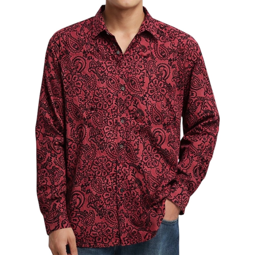 Society of Threads Cheetah Velvet Flocked Long Sleeve Men's Shirt  Red‎ size S